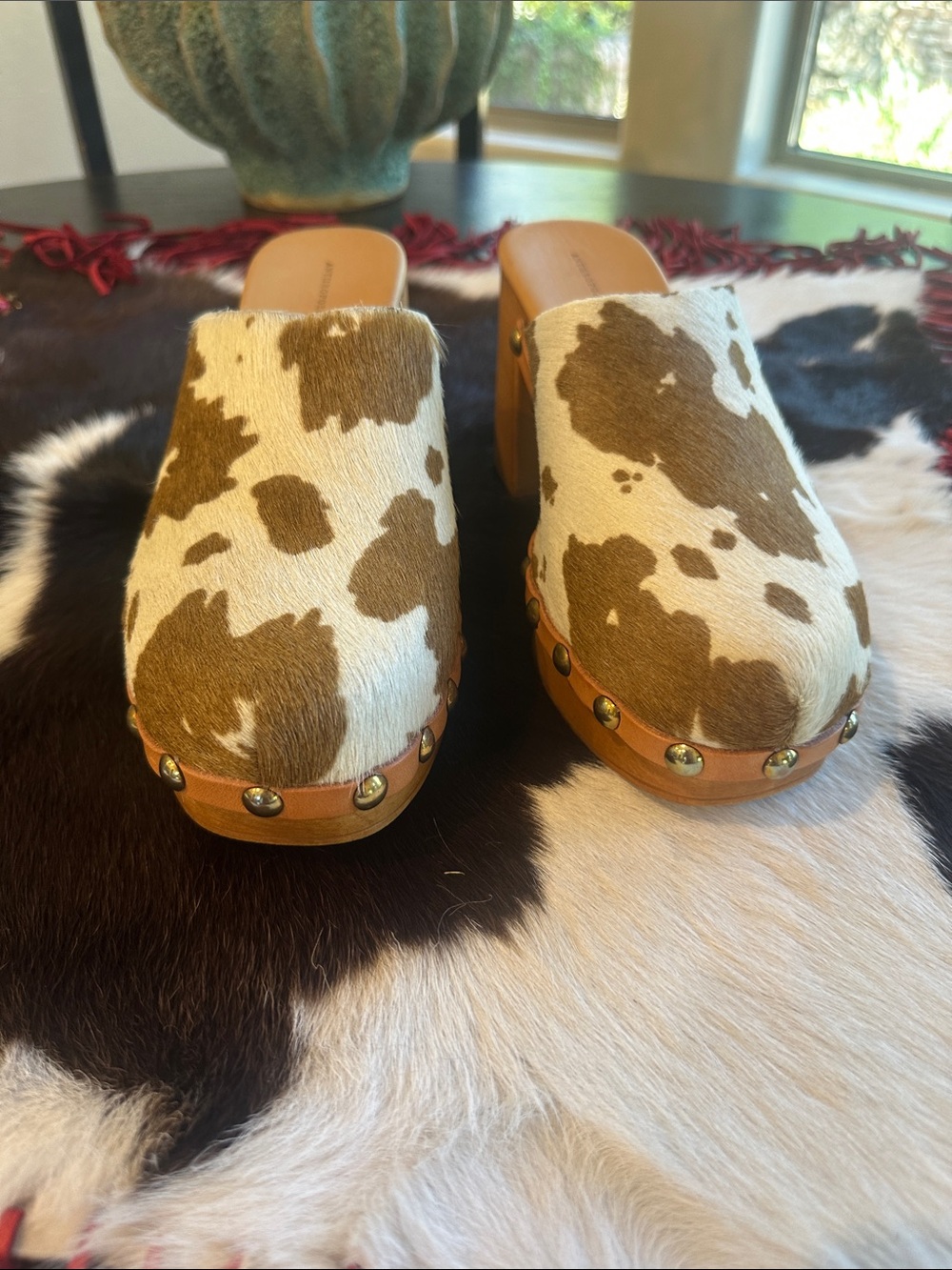 Anthropologie Cowhide Studded Clog Mules in Brown and White